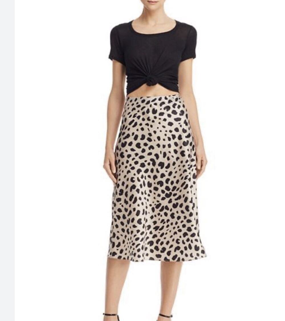 Aqua Tan Black Satin Leopard Slip Skirt S Animal Print Midi Mob Wife City Chic